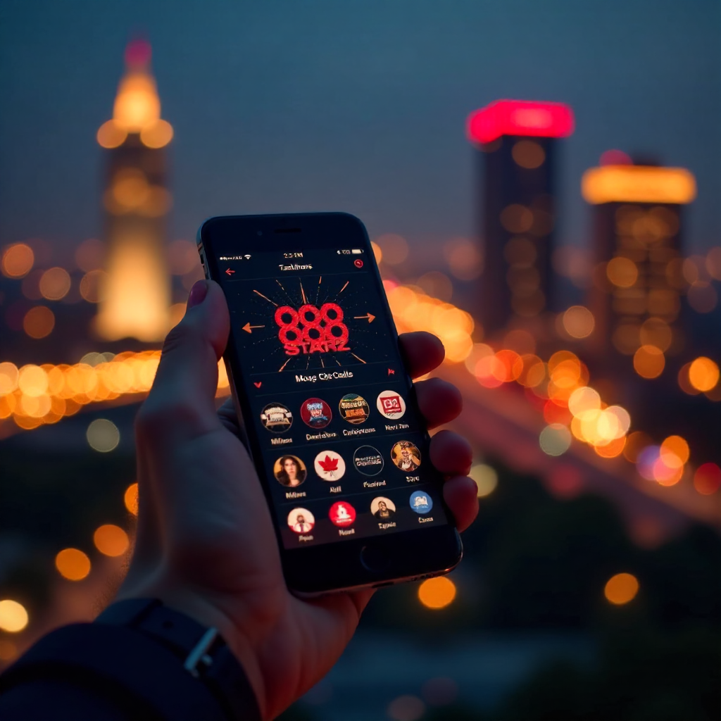 A hand holding a luxury smartphone displaying the official 888starz Uzbekistan app with a sleek red and black interface, background is the Tashkent City skyline with the Hilton and Nest One towers at night, vibrant golden and red bokeh lights, 3D golden c
